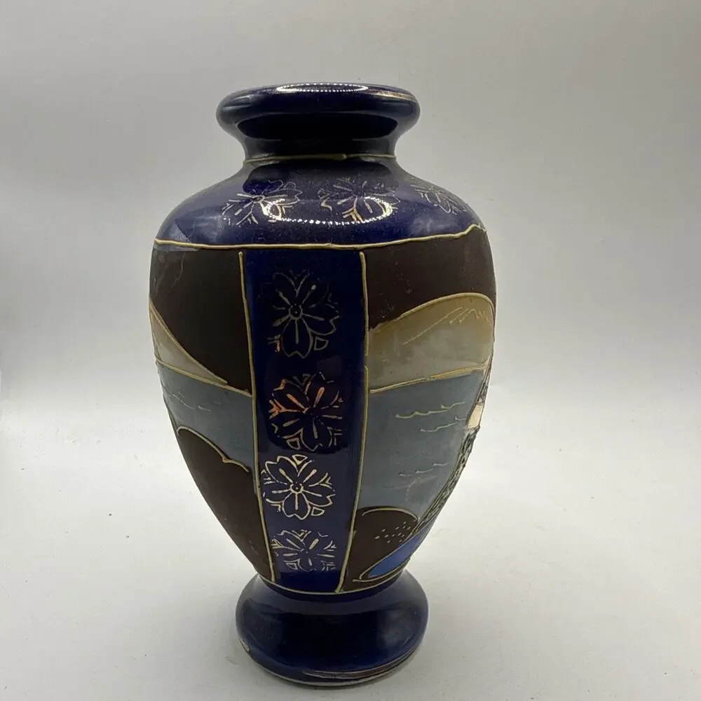 Vintage Japanese Satsuma Style 6” Cobalt Blue Hand Painted Moriage Vase *